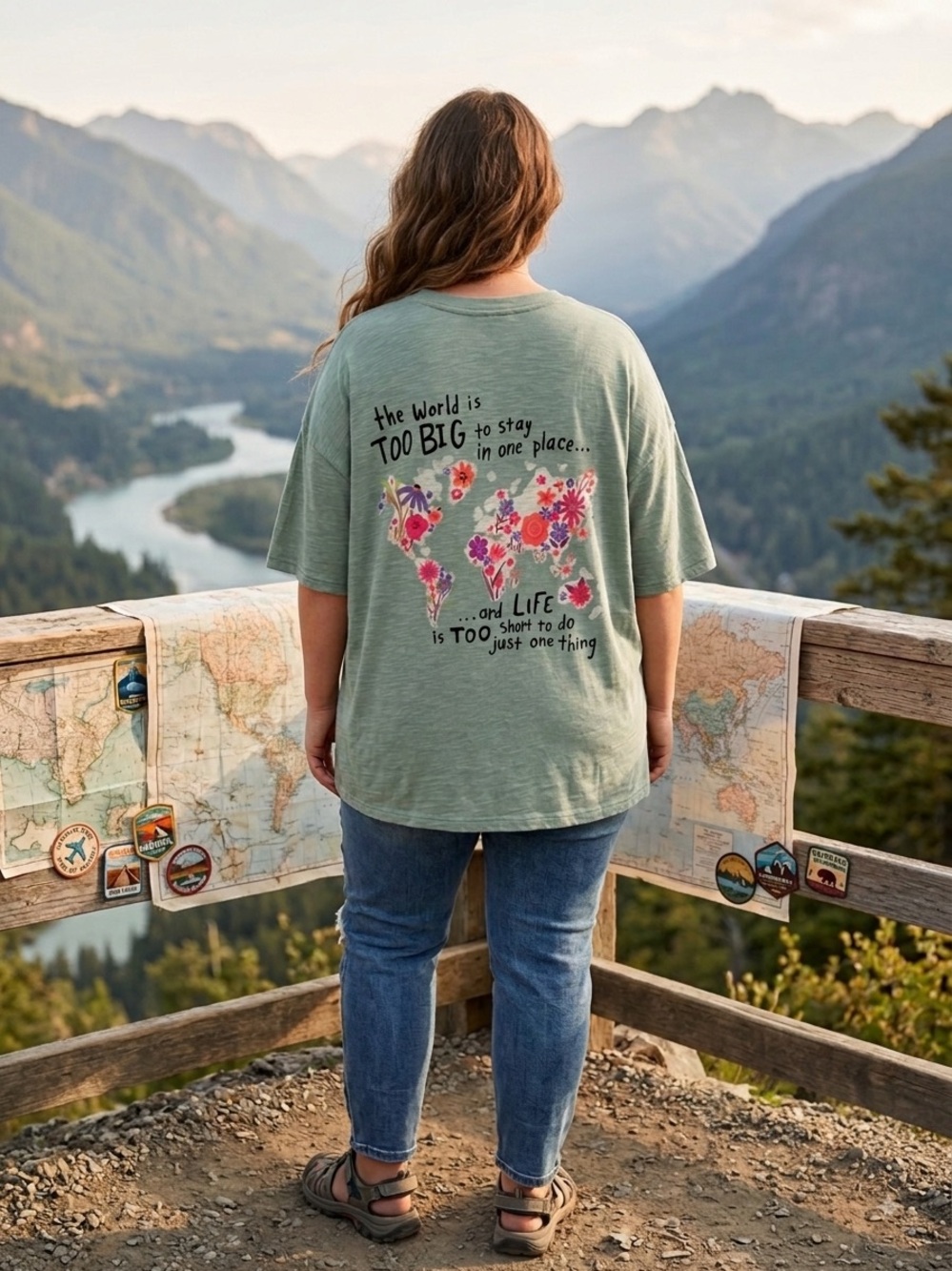NWT Natural Life "The World Is Too Big" Oversized Graphic Tee in Sage/Green XXXL